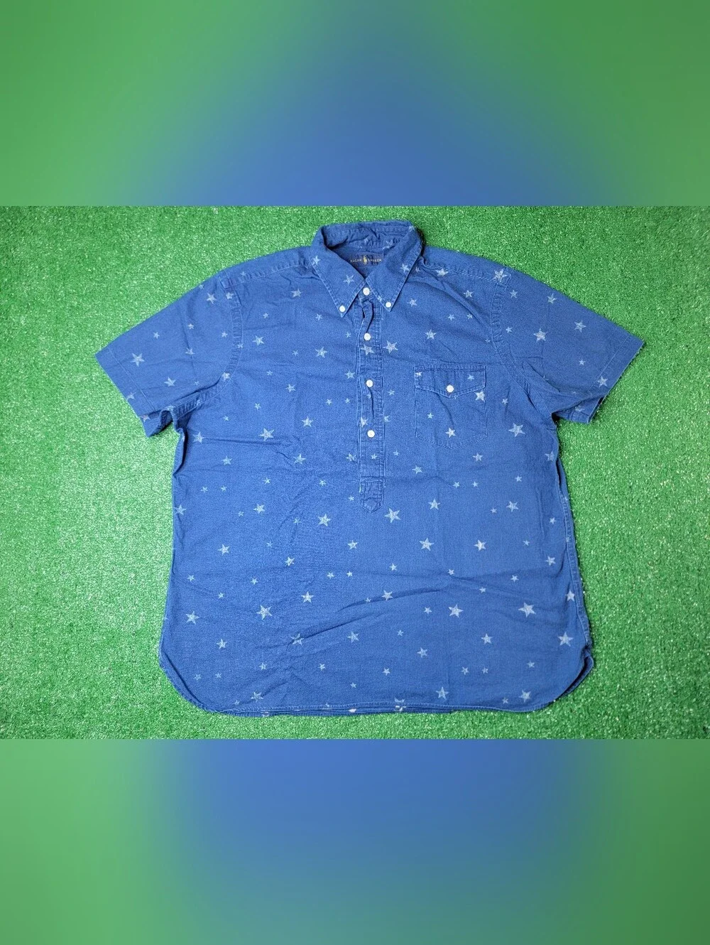 Polo Ralph Lauren Mens Star Allover Print Short Sleeve Button Down Shirt XL Blue
